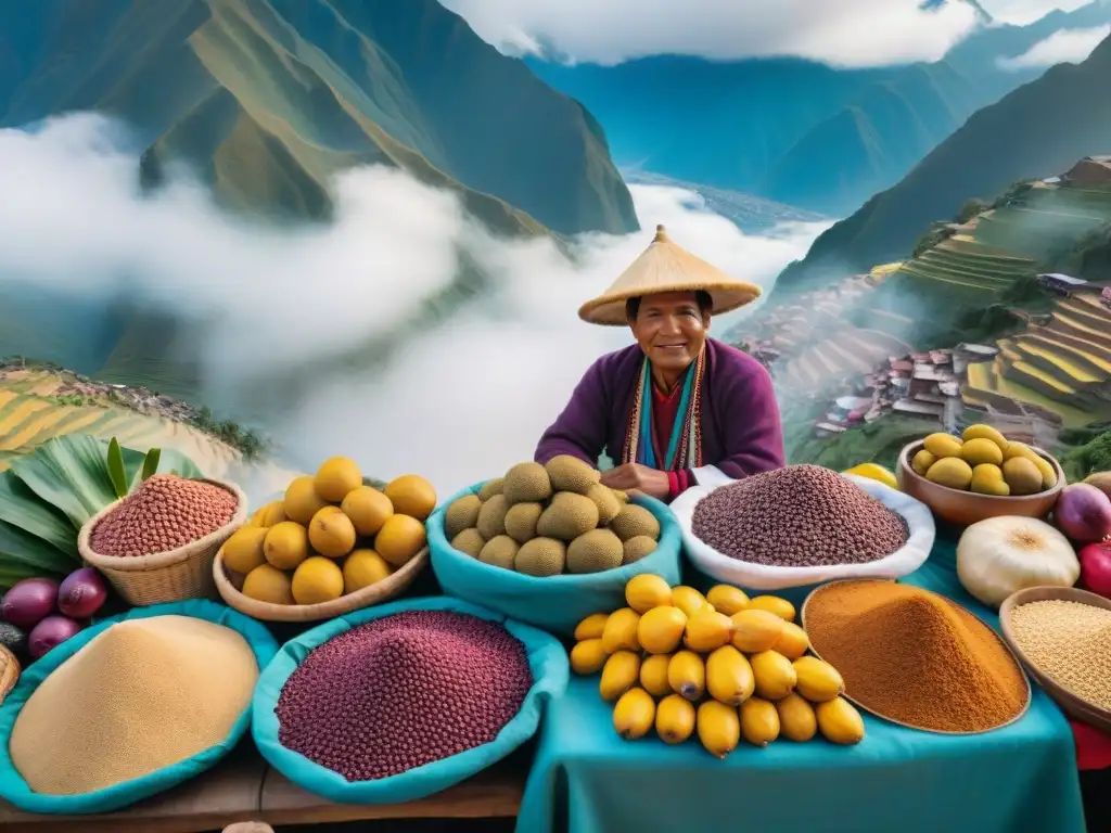 Un mercado tradicional peruano rebosante de colores y sabores, con vendedores locales en atuendos típicos, rodeado de montañas y neblina