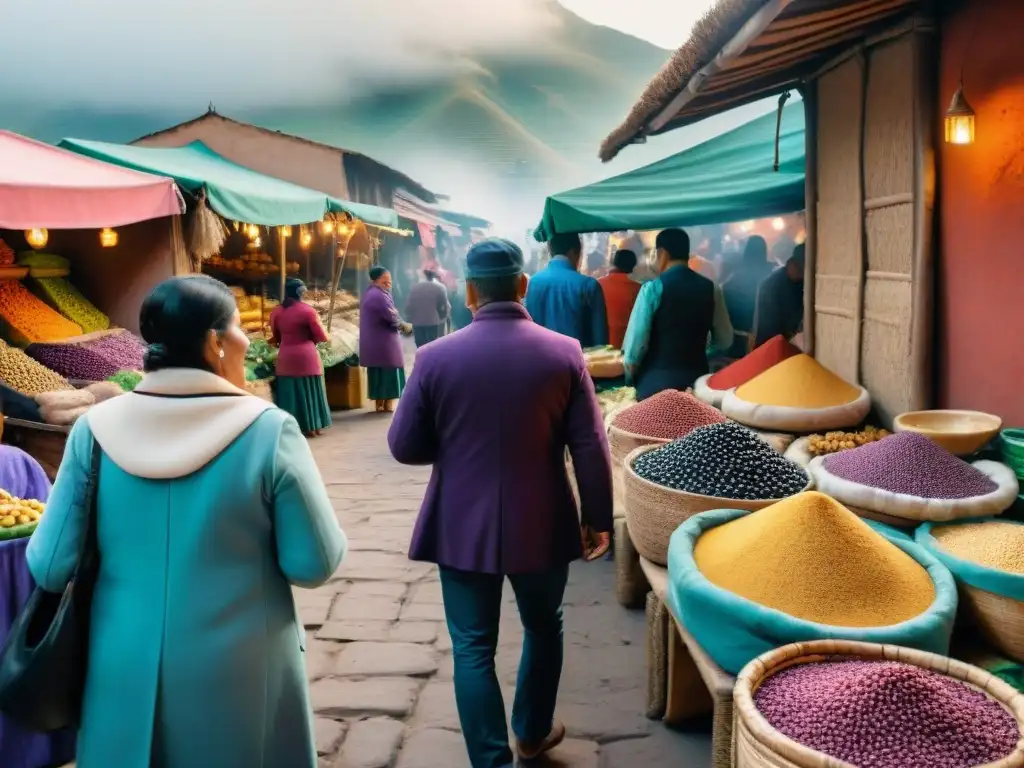 Un mercado tradicional peruano rebosante de coloridos ingredientes autóctonos como lucuma, maíz morado y quinua, junto a artesanías locales