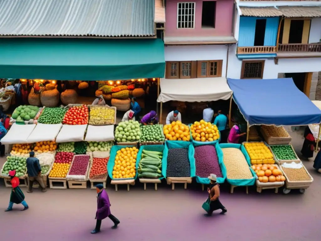 Un mercado tradicional peruano en Huaraz rebosante de colores y sabores andinos, mostrando la rica gastronomía peruana platos tradicionales fusiones