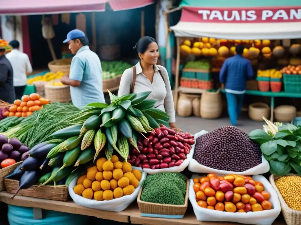 Un mercado tradicional peruano rebosante de vida y color, donde se exhiben ingredientes autóctonos de la gastronomía peruana