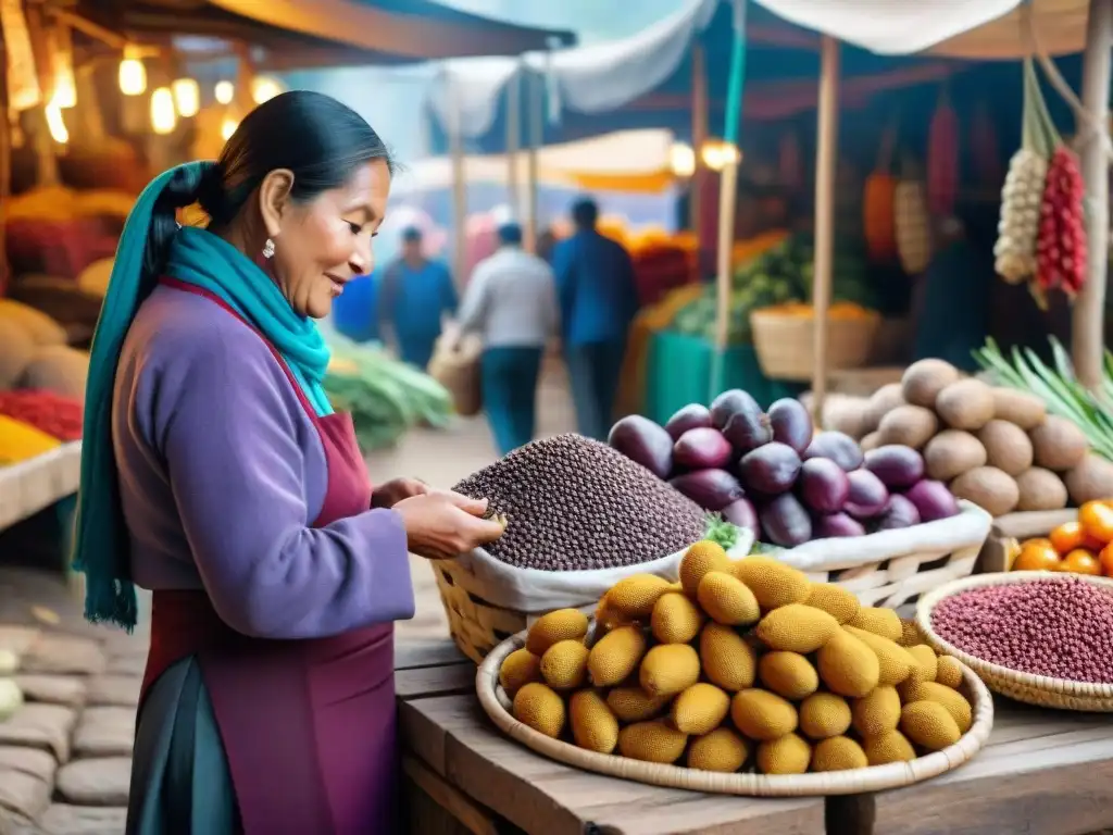 Un mercado tradicional peruano rebosante de vida y color con ingredientes autóctonos