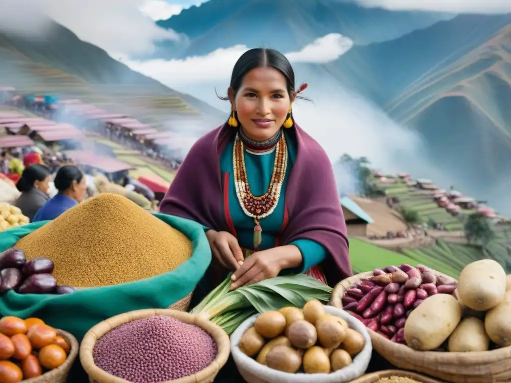 Un mercado tradicional peruano rebosante de vida y color, con ingredientes autóctonos y mujeres indígenas vendiendo sus productos