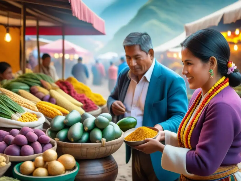 Un mercado tradicional peruano rebosante de vida y color, con ingredientes autóctonos y clientes disfrutando de la experiencia culinaria