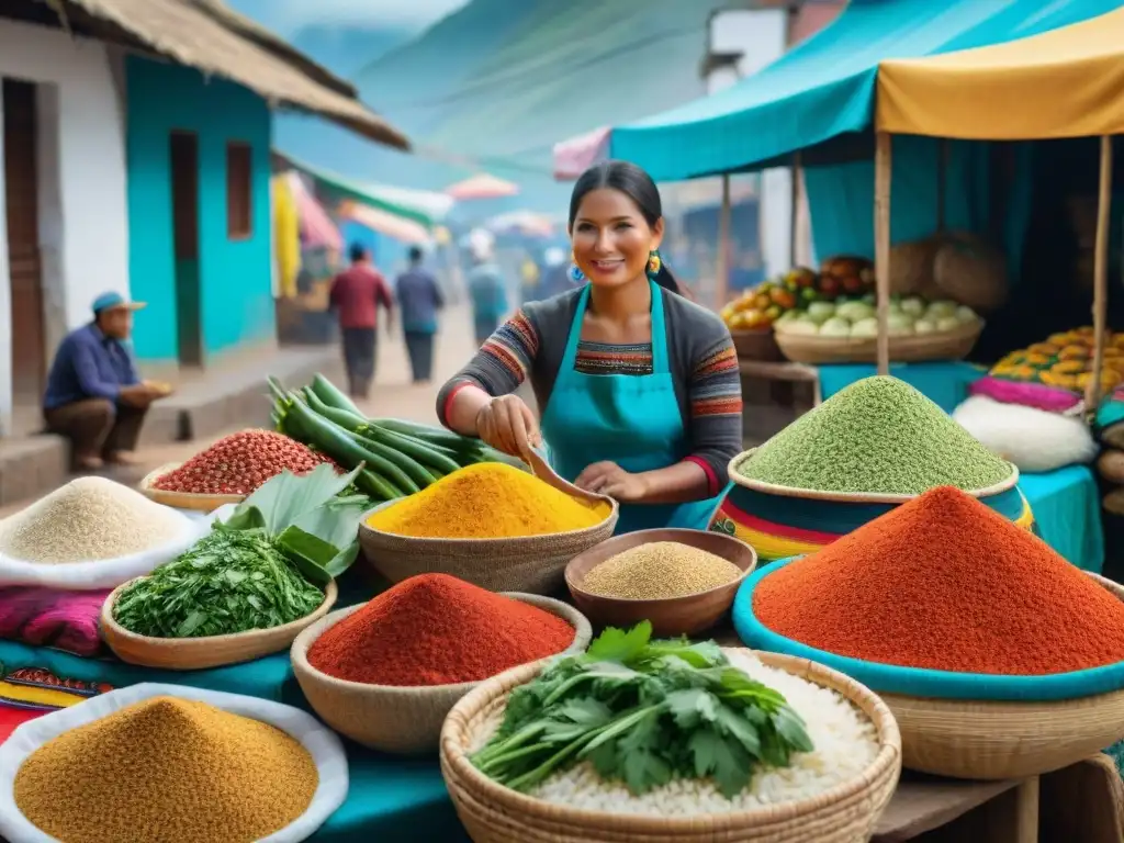 Un mercado tradicional peruano rebosante de ingredientes locales vibrantes como pato, arroz, pimientos, cilantro y especias