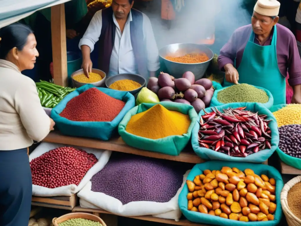 Un mercado tradicional peruano rebosante de vida y color, con ingredientes autóctonos