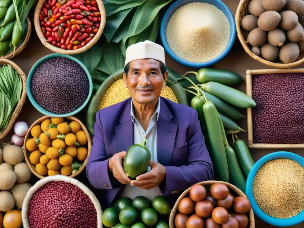 Un mercado tradicional peruano rebosante de vida y color con ingredientes autóctonos