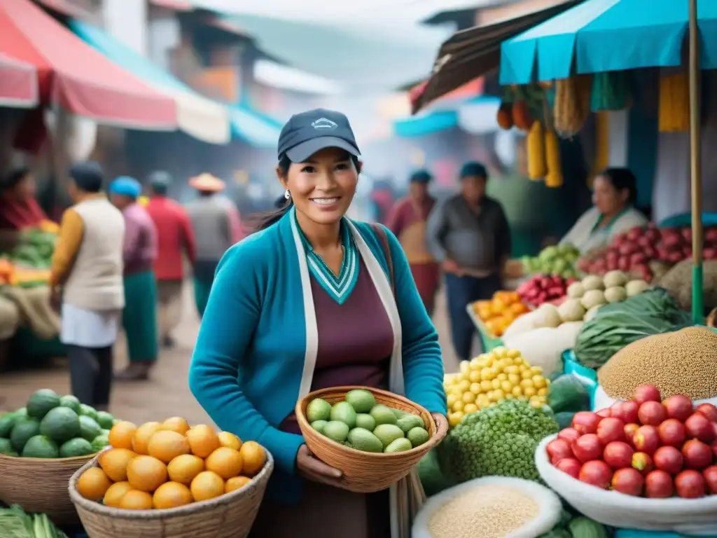 Mercado tradicional peruano con vibrantes colores de frutas, verduras y granos únicos