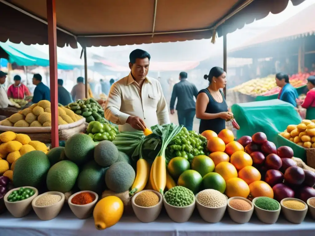 Mercado tradicional vibrante en Chiclayo: colores y sabores únicos Un mercado tradicional en Chiclayo, Perú, rebosante de coloridas paradas con ingredientes autóctonos