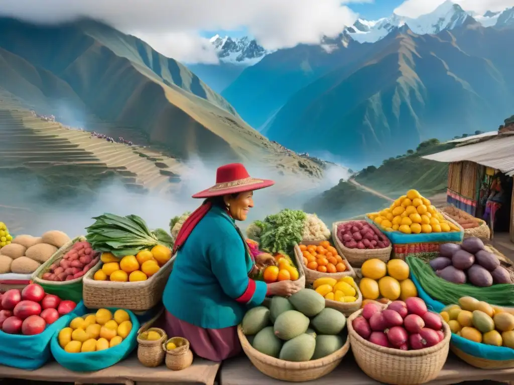 Un mercado tradicional en la Sierra peruana, vibrante escena de frutas y vegetales indígenas