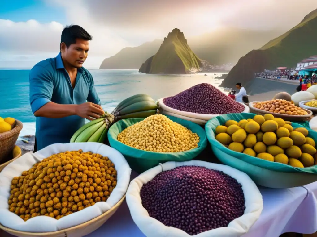 Un mercado vibrante en Lima, Perú, rebosante de colores y sabores de la cocina costeña peruana ingredientes autóctonos