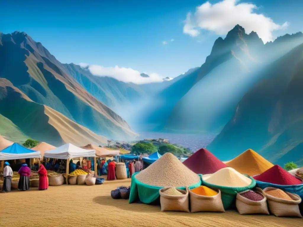 Un mercado vibrante en Perú, lleno de colores y vida, con montañas Andinas al fondo bajo un cielo azul