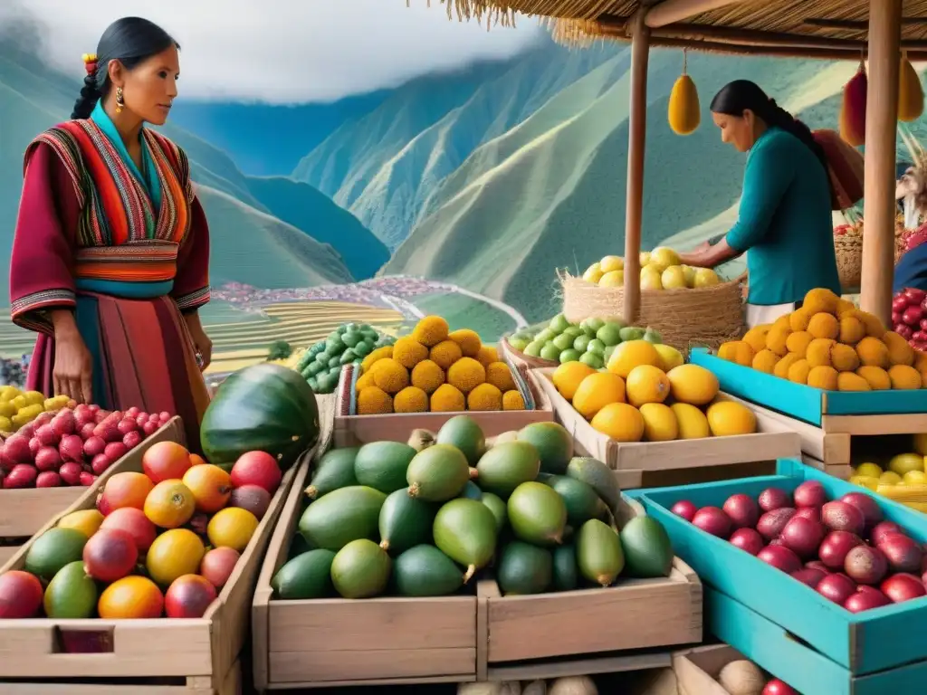 Mercado vibrante en Perú: Aguaymanto y colores andinos Un mercado vibrante en Perú con aguaymantos coloridos y exóticos en cajas de madera