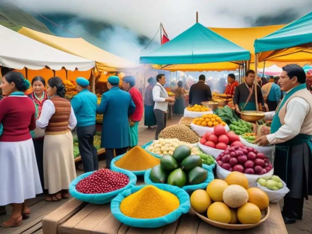 Mercado peruano vibrante: colores y sabores festivos Un mercado vibrante de comida peruana durante una celebración festiva con frutas, verduras y platos tradicionales coloridos