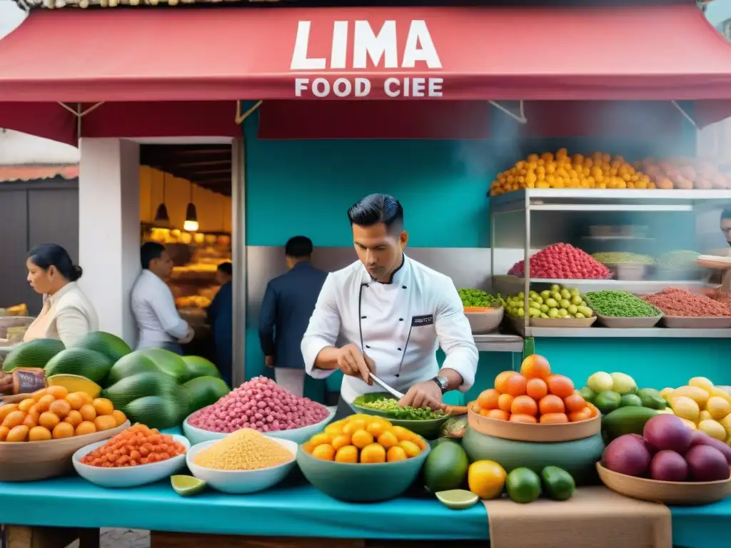 Mercado vibrante de Lima, Perú: innovación culinaria en escena con ceviche y arquitectura icónica