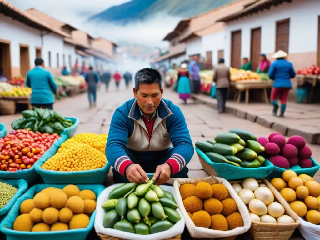 Un mercado vibrante en Cusco: alimentos frescos, textiles coloridos y la arquitectura andina