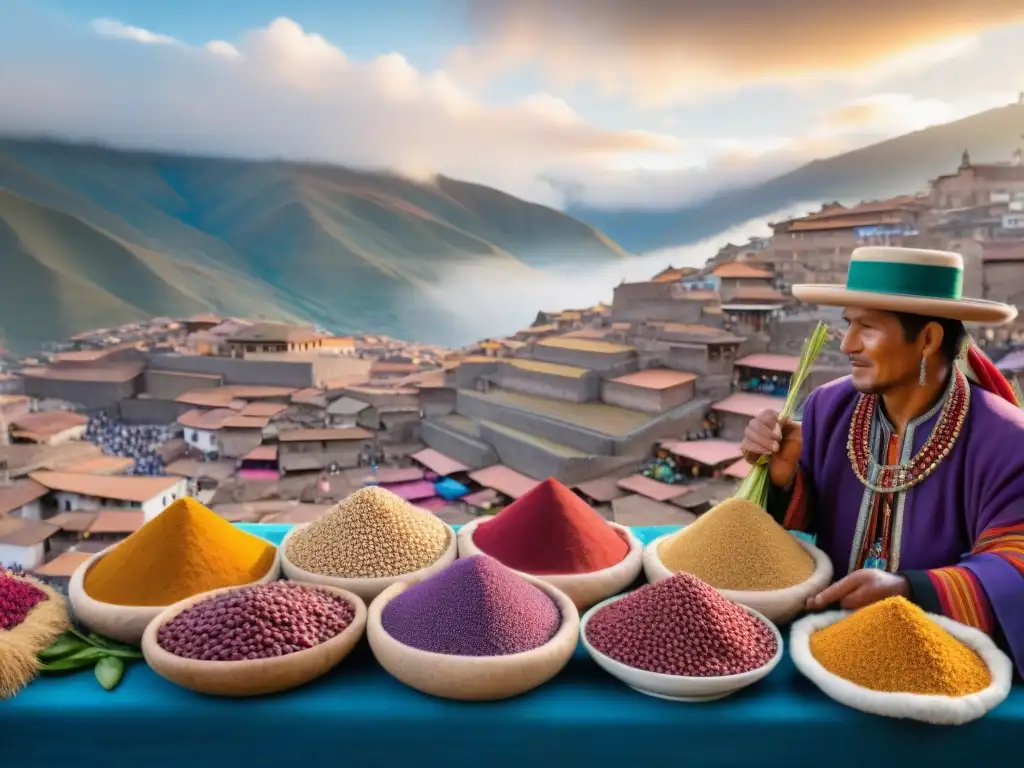 Un mercado vibrante en Cusco con superalimentos peruanos y coloridas texturas, ingredientes autóctonos en escena