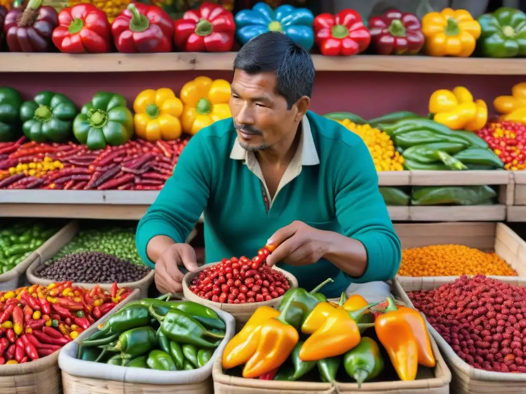 Un mercado vibrante en Perú con degustaciones picantes de ajíes en una escena colorida y cultural