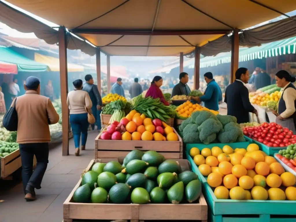 Mercado Surquillo: vibrante escena culinaria en Lima, Perú, con diversidad de frutas, verduras y hierbas coloridas en cajas de madera