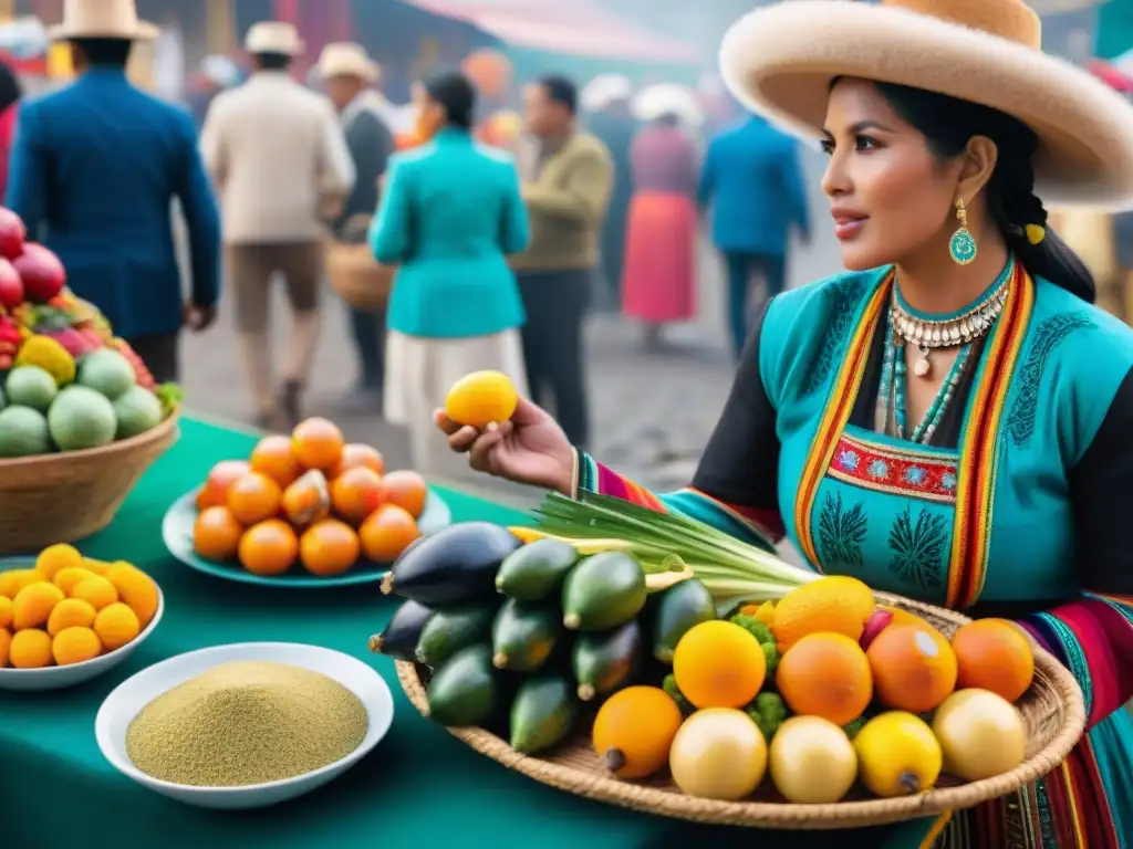 Un mercado vibrante en una festividad peruana con comida típica y decoraciones coloridas