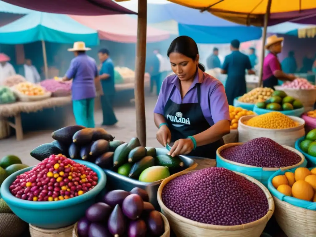 Mercado vibrante en Trujillo, Perú, con frutas, ceviche y chicha morada