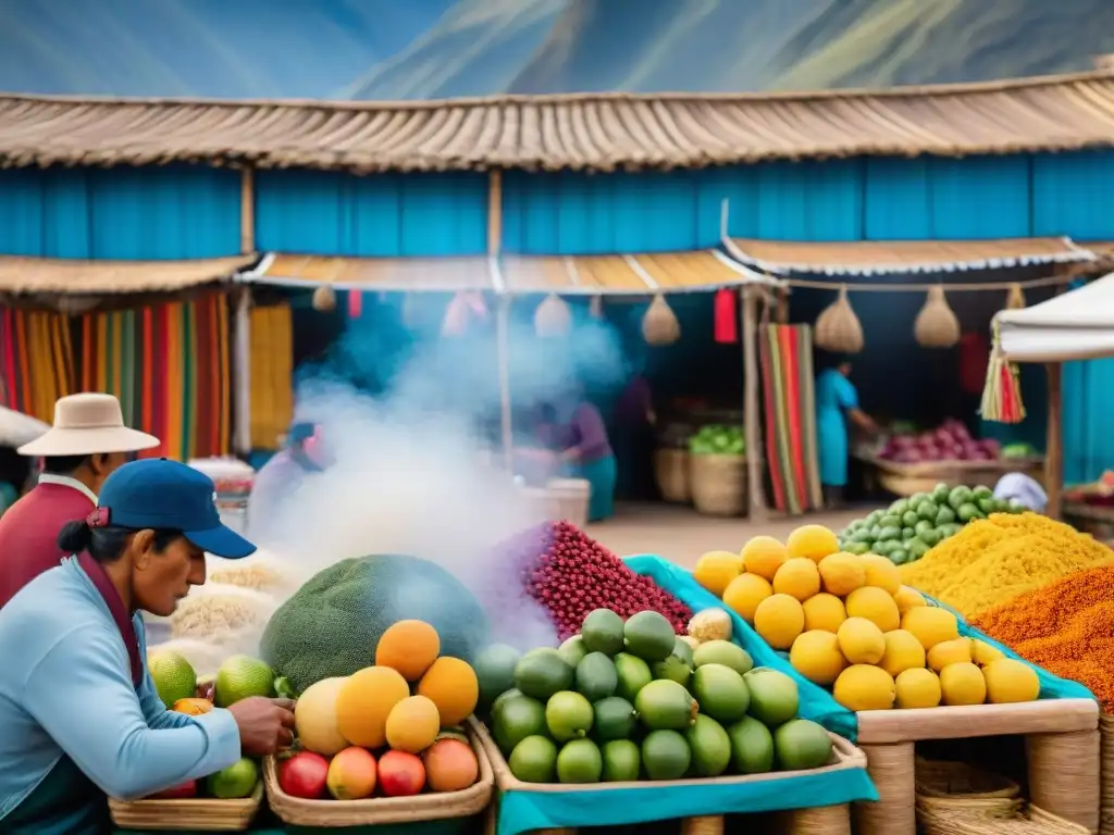 Mercado vibrante en Perú con frutas exóticas y textiles coloridos, chefs preparando platos peruanos entre montañas andinas