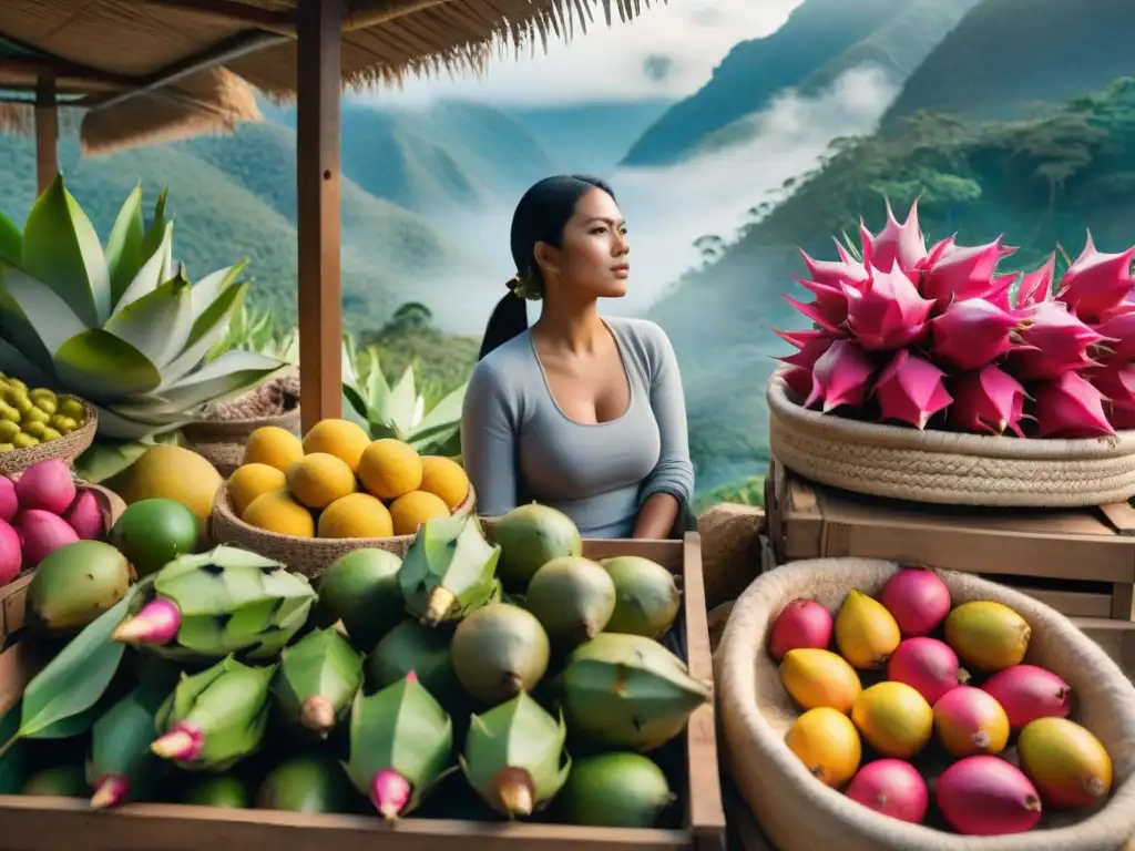 Un mercado vibrante de frutas exóticas en la selva peruana: colores, sabores y aromas que invitan a probar postres únicos