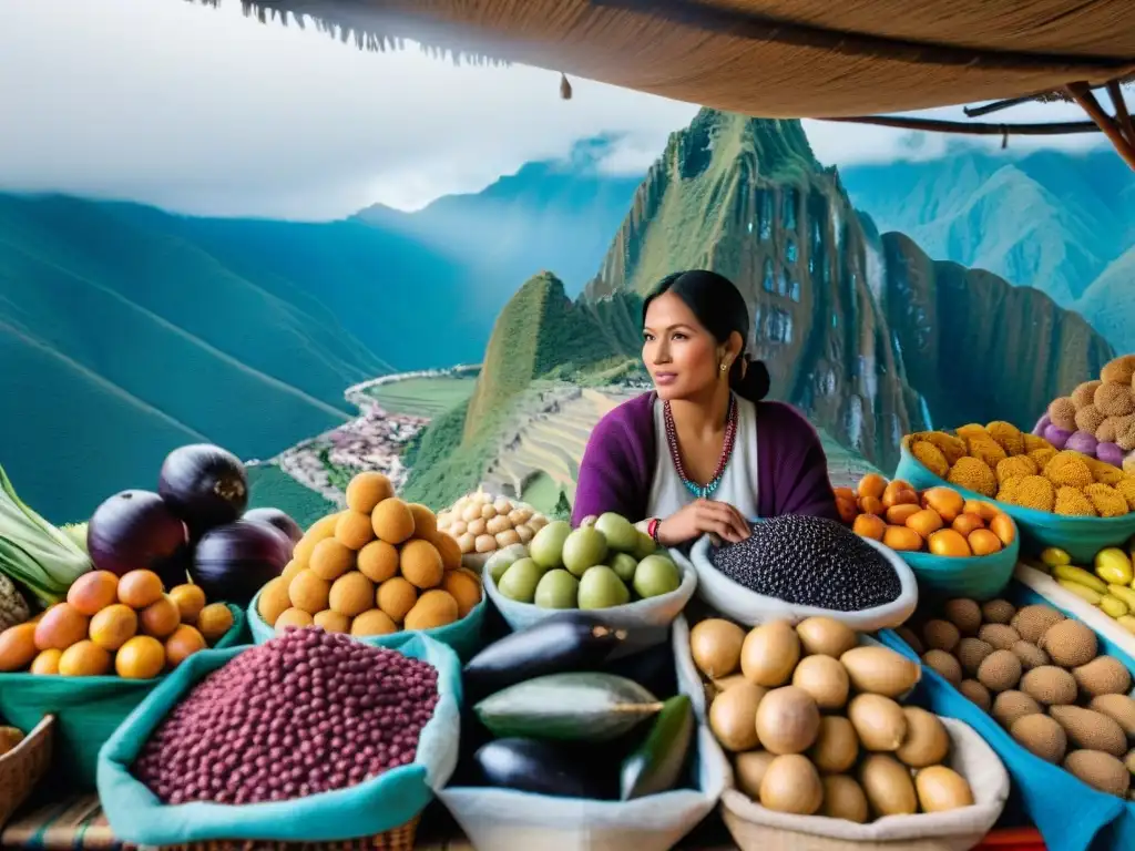 Un mercado vibrante en Perú con frutas frescas, verduras y superalimentos como quinua y maíz morado