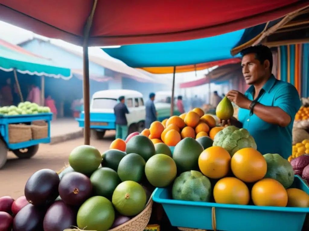 Mercado vibrante en Piura, Perú, con frutas tropicales coloridas y pescados frescos