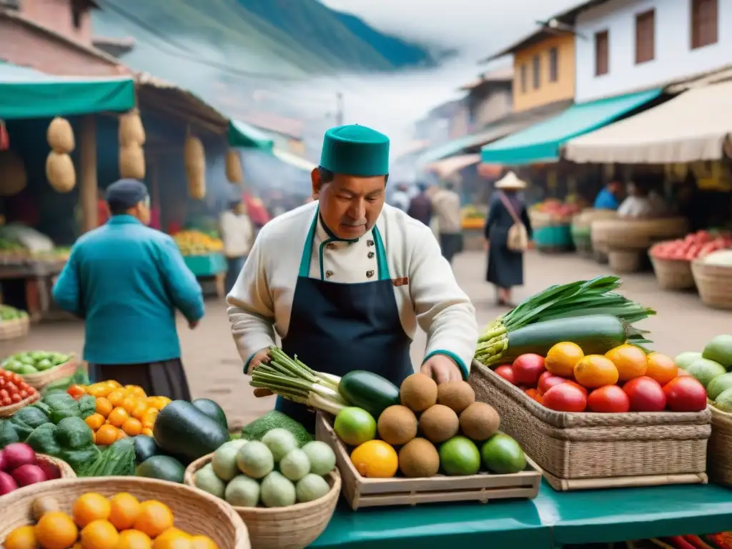 Un mercado vibrante en Perú con frutas, verduras y especias coloridas