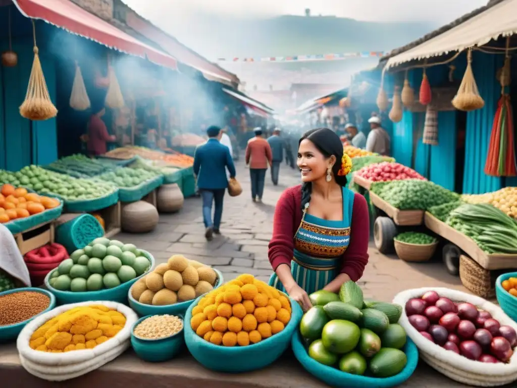 Mercado vibrante en Lima, Perú, con frutas y verduras coloridas