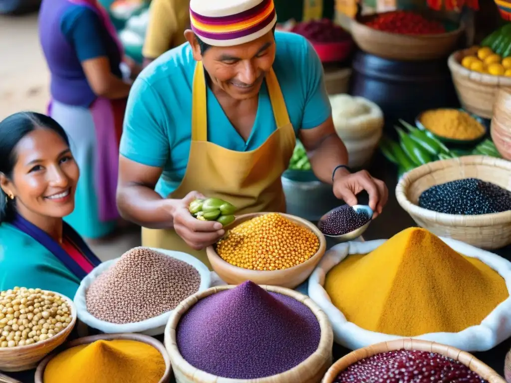 Un mercado vibrante en Perú con ingredientes autóctonos, donde la gastronomía peruana cobra vida