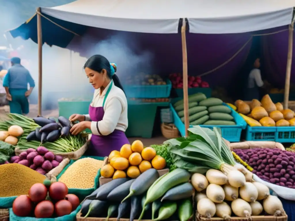 Mercado vibrante en Perú con ingredientes autóctonos para cocina vegana peruana