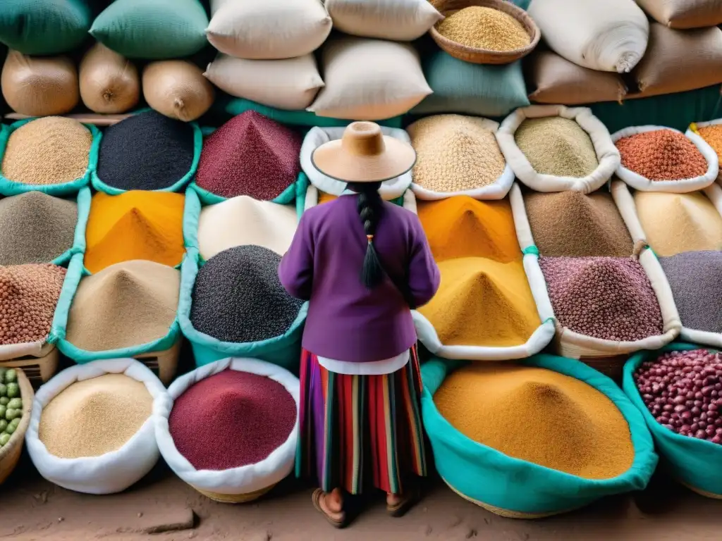 Un mercado vibrante en Perú con ingredientes frescos y coloridos