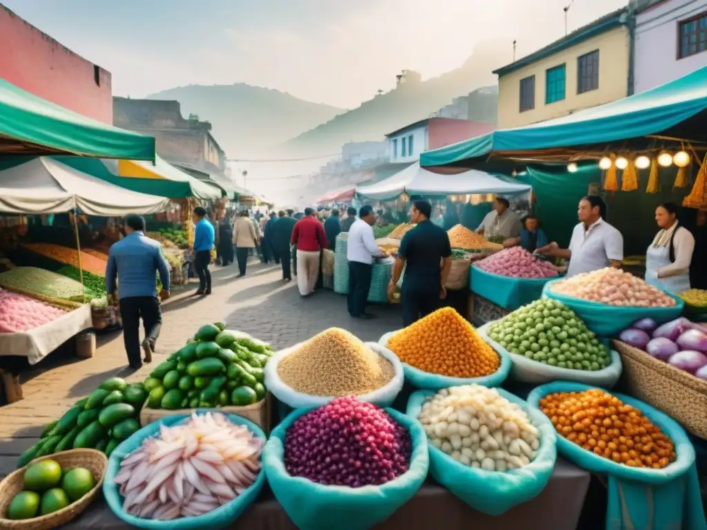 Mercado vibrante en Lima, Perú, con ingredientes frescos para ceviche y tejidos tradicionales