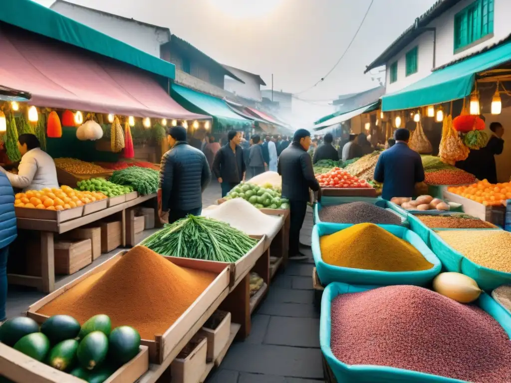 Un mercado vibrante en Lima con ingredientes japoneses y peruanos, reflejando la fusión cultural de la gastronomía Nikkei