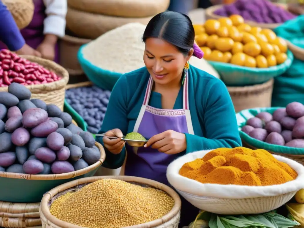 Mercado vibrante en Perú con ingredientes locales para recetas saludables cocina peruana