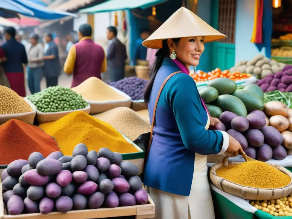 Un mercado vibrante en Lima, Peru, con ingredientes peruanos frescos y vendedores locales en trajes tradicionales