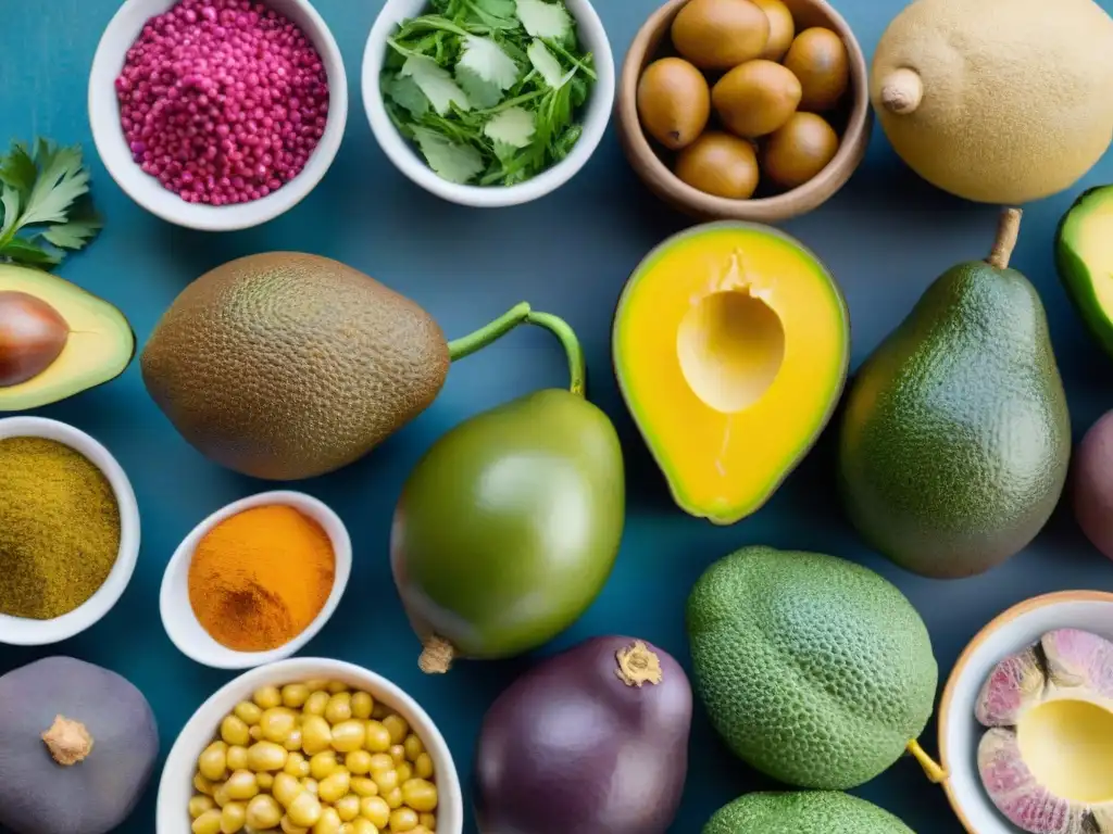 Mercado vibrante en Lima, Perú, con ingredientes peruanos frescos como aguacates, ajíes amarillos, papas moradas y cilantro