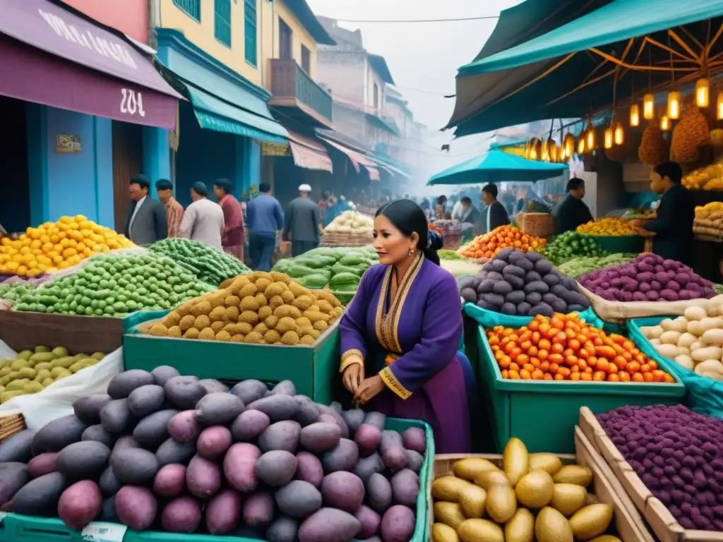 Un mercado vibrante en Lima con ingredientes típicos de la cocina criolla peruana para principiantes