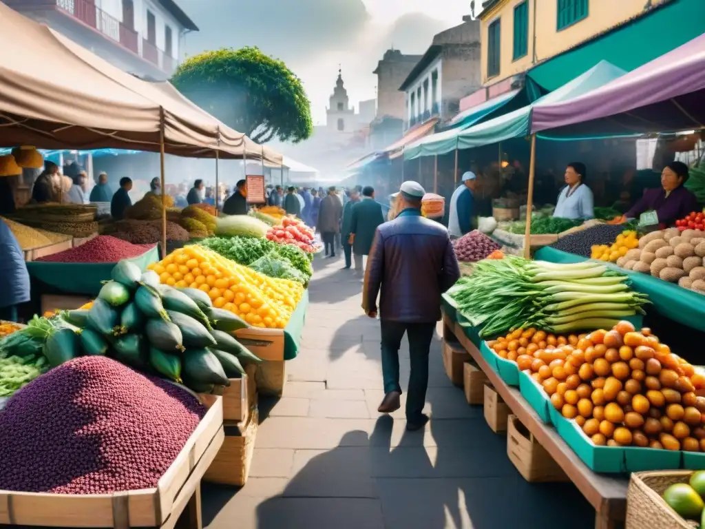 Un mercado vibrante en Lima, Perú, con ingredientes tradicionales y textiles andinos