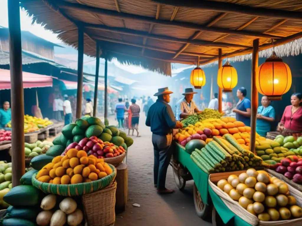 Mercado vibrante en Iquitos, Perú, con colores y sabores de la cocina regional peruana tradicional