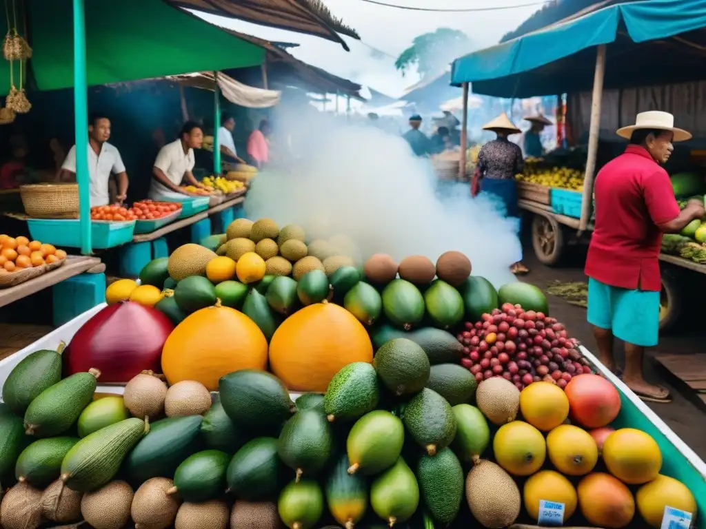 Un mercado vibrante en Iquitos, Perú, fusionando sabores amazónicos