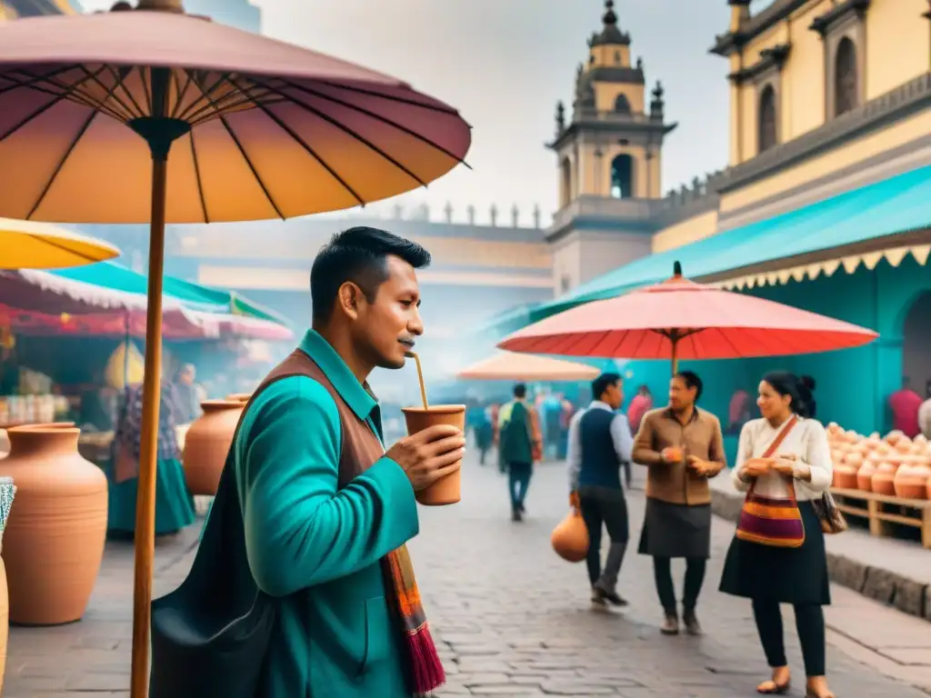 Mercado vibrante en Lima con jarras de horchata peruana de arroz, ambiente acogedor bajo sombrillas coloridas