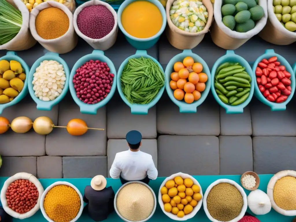 Un mercado vibrante en Lima, Perú, lleno de coloridas frutas y verduras peruanas