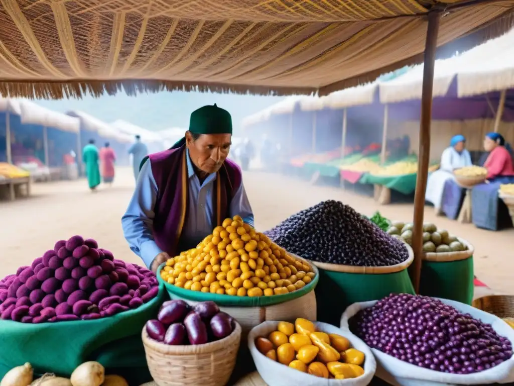 Un mercado vibrante en Perú lleno de ingredientes autóctonos, con vendedores en trajes andinos