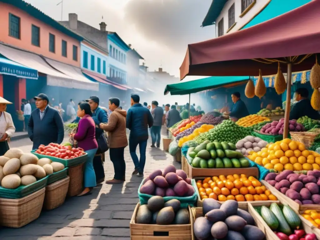 Un mercado vibrante en Lima, Perú, lleno de productos frescos y coloridos de la cocina peruana vegana vegetariana