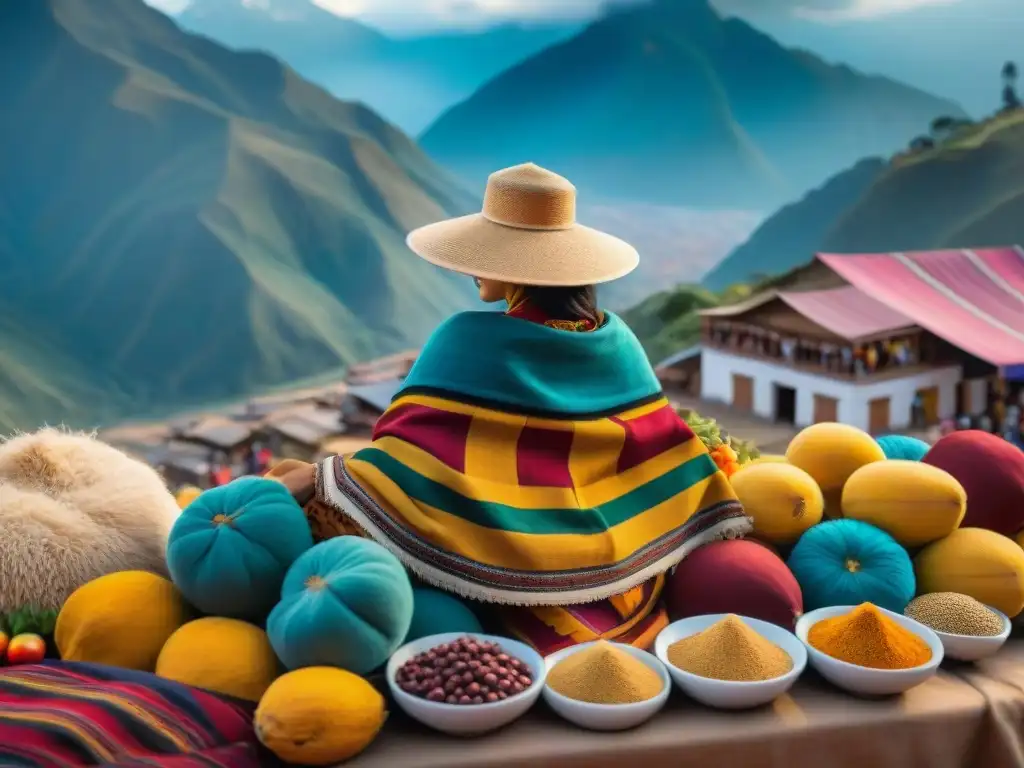 Mercado andino: lucuma dorada y colores vibrantes Mercado vibrante en los Andes con lucumas maduras y textiles coloridos, reflejo de la cultura andina y los superfoods peruanos