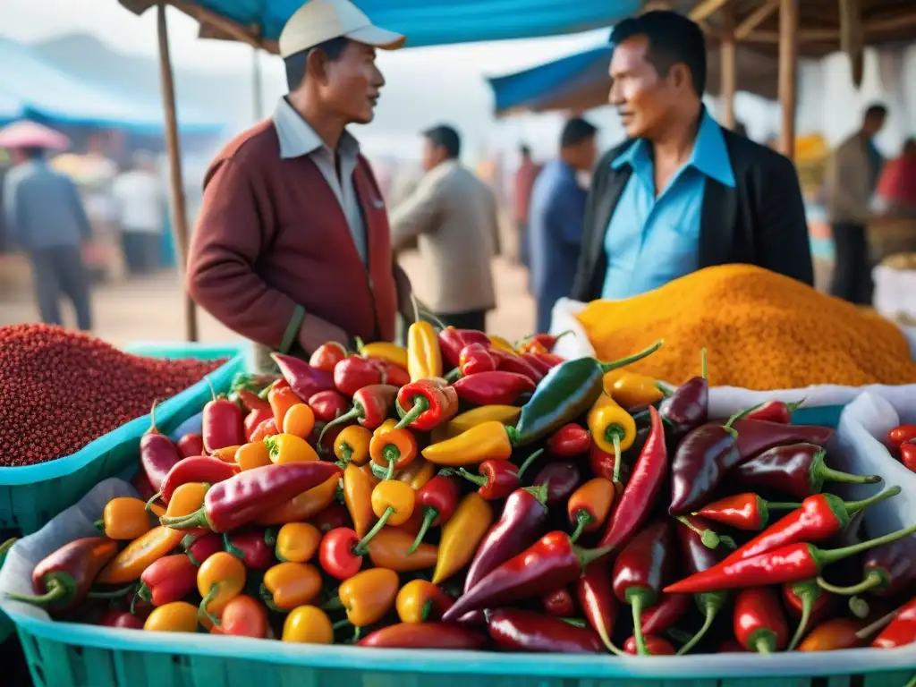 Un mercado vibrante en el norte de Perú con agricultores locales intercambiando productos, resaltando los beneficios del ají limo peruano