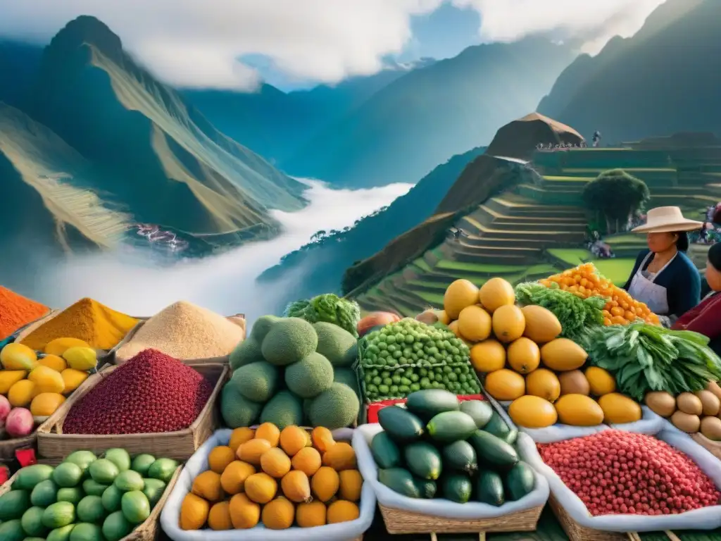 Mercado vibrante en Perú fusiona gastronomía peruana con influencia china, colores y cultura Andina