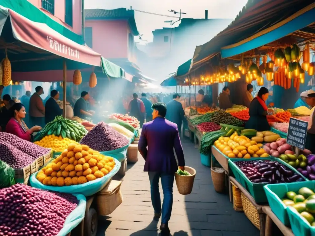 Un mercado vibrante en Lima, Perú con productos frescos y colores intensos